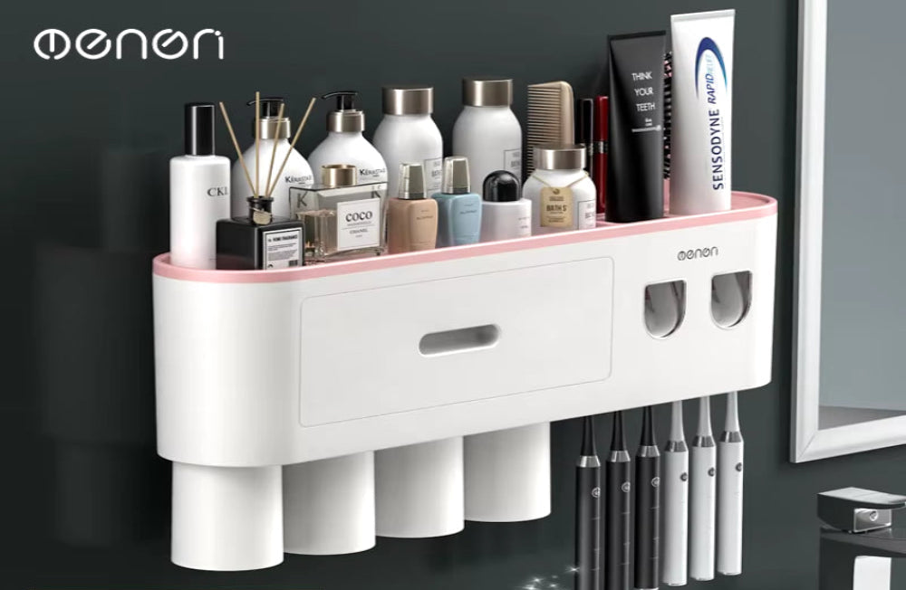 -Magnetic Adsorption Inverted Toothbrush Holder Wall -Automatic Toothpaste Squeezer Storage Rack Bathroom Accessories